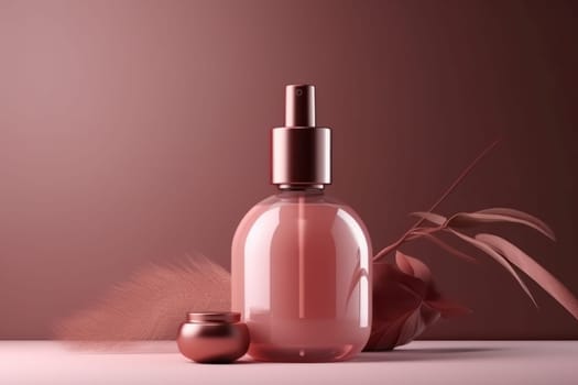 pink bottle with cosmetic or perfume products on a background of tea rose color