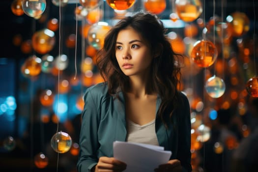 young woman in a magical dreamland using a book. imagination and fantasies.