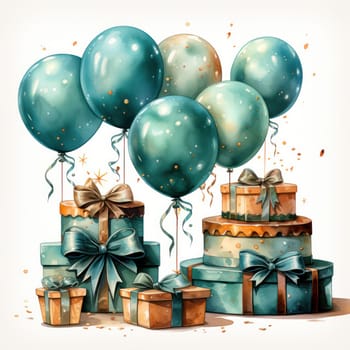 Birthday gifts and balloons for children in watercolor illustration on a light background