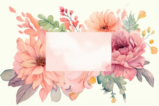 Watercolor floral frame. collectible garden pink flowers, green leaves, branches, botanical illustration isolated on white background for design.