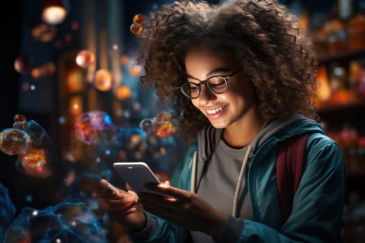 young woman in a magical dreamland using a book. imagination and fantasies.