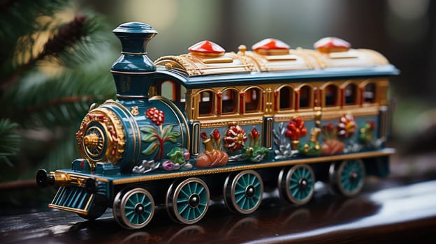 toy Christmas wooden train as a decoration for the Christmas tree. retro locomotive for railway toy road. design and gift concept for New Year's holiday