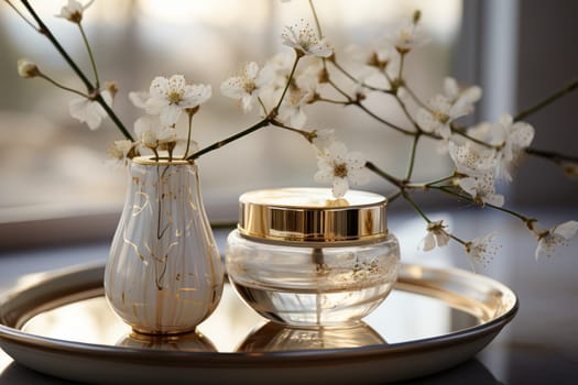 Cosmetic crystal bottle inlaid with gold of a luxury product with white fresh flowers. product presentation, demonstration of cosmetic products. Modern stylish luxury bottle