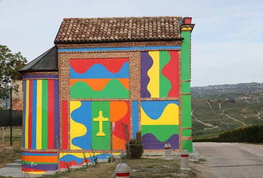 La Morra, Piedmont, Italy - Sept 8, 2022:  The Chapel of the Madonna delle Grazie. Most commonly Cappella del Barolo or Cappella delle Brunate near La Morra, Langhe region, Piedmont, Italy