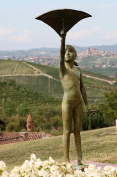Grinzane Cavour, Italy - Sept 8, 2022: Open air art installation with sculptures by Sergio Unia in the garden of Grinzane Cavour Castle. Piedmont, Italy