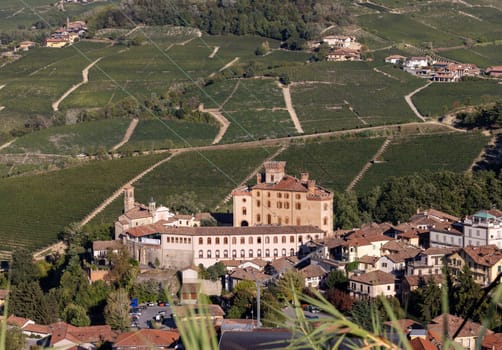 The town of Barolo, with the Falletti castle, surrounded by vineyards in Langhe region. Piedmont, Italy