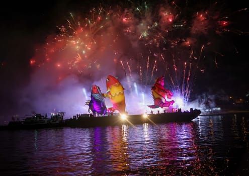 Cracow, Poland - June 4, 2022: Great Dragon Parade. The Great Outdoor Show on the Vistula River.