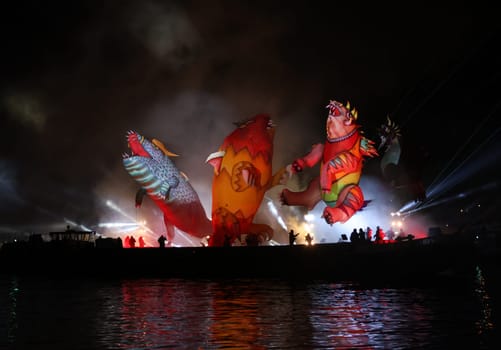 Cracow, Poland - June 4, 2022: Great Dragon Parade. The Great Outdoor Show on the Vistula River.