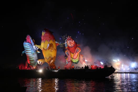Cracow, Poland - June 4, 2022: Great Dragon Parade. The Great Outdoor Show on the Vistula River.