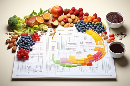 Healthy foods, fruits and vegetables with a blank white notepad for writing. Healthy food choices for the heart, healthy lifestyle concept.