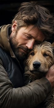 Portrait of a young man hugging his dog. Man and pet.