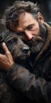 a lonely homeless old man with his pet dog. The connection between people and their pets. support and care for animals and human mental health