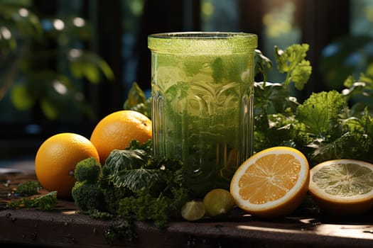 green smoothie made from vegetables and fruits on a wooden table in the home kitchen. healthy eating and self-care.