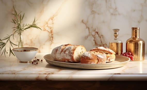 fresh bread on a marble tabletop early in the morning.