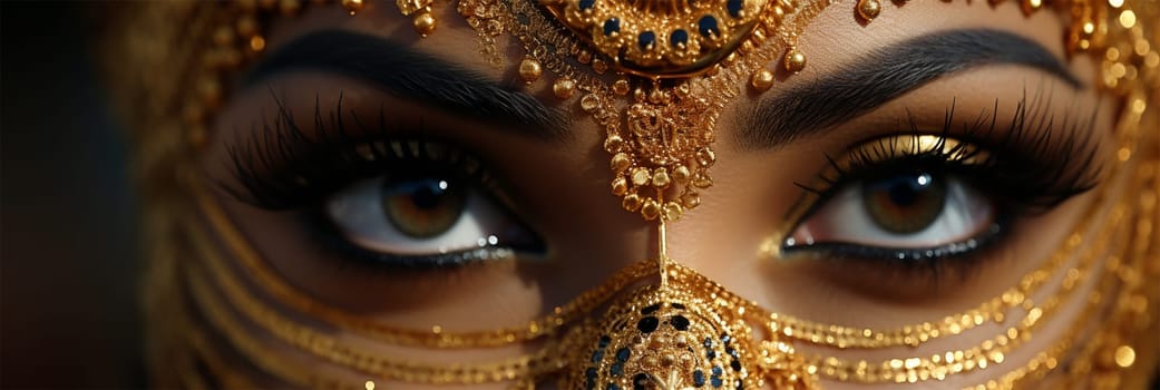 Close-up of a woman's eyes with gold makeup.eyes of a beautiful woman with gold paint