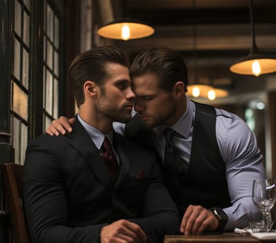 Gay couple. Two young attractive guys in a cafe looking great on their big day.