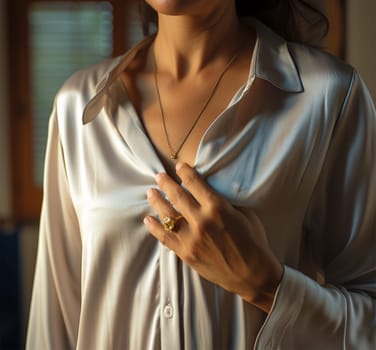 close-up of an unknown woman's hand buttoning a silk blouse. sophistication and elegance, warm lamp illumination