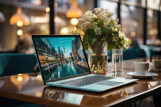 Open laptop with blank screen, cup, plant and office supplies on wooden table.