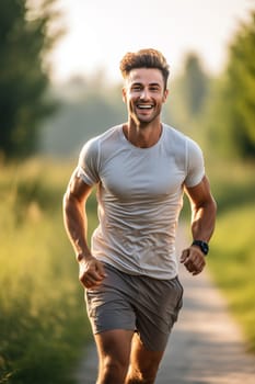 Portrait of young attractive man running in park .