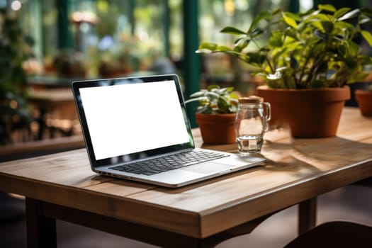 Open laptop with blank screen, cup, plant and office supplies on wooden table.mockup
