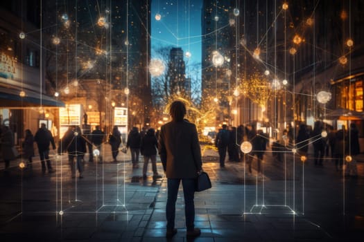 silhouette of a man standing on a futuristic street permeated with an electronic network. electronic communications. business technology concept. Social network.