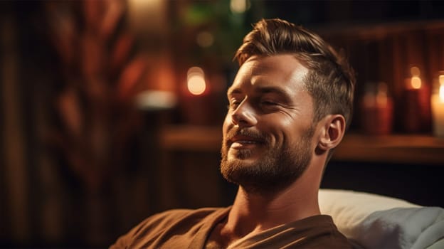 young well-groomed man client of a spa salon awaiting a body care or massage procedure.