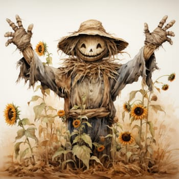 laughing scarecrow made of branches and old clothes on a farmer's field.drawing on a light background