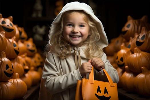 cute happy blonde girl in the doll department in a toy store. Halloween