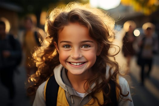 cheerful schoolgirl on a blurred background of a bus. Back to school.