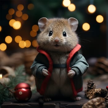 cute little mouse in a jacket for Christmas. holiday card