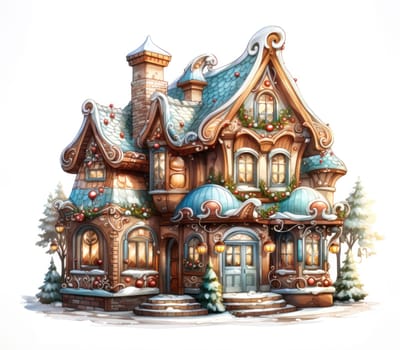 Magical gingerbread Christmas house in the forest. illustration on white background