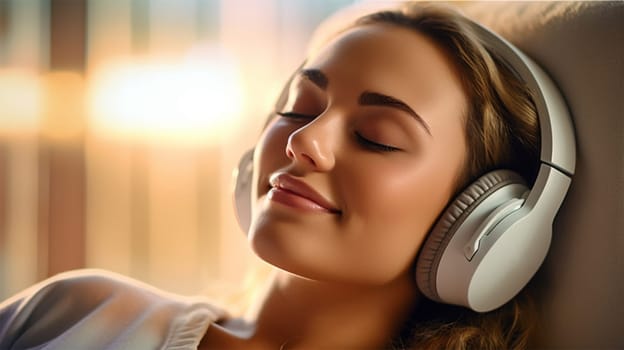 Calm young Caucasian woman listening to music on wireless headphones, relaxing at home. Beautiful millennial woman relaxing with closed eyes and enjoying audiobook or music