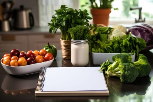 Healthy foods, fruits and vegetables with a blank white notepad for writing. Healthy food choices for the heart, healthy lifestyle concept.