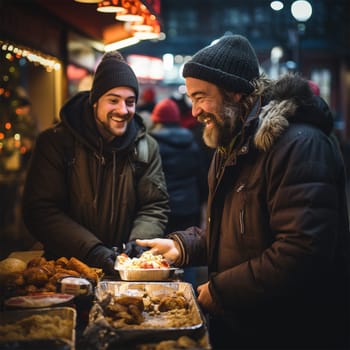 On Christmas Eve, volunteers help distribute food to the homeless. providing assistance to those in need on the streets of the city. Help and hope concept.