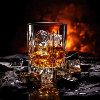 crystal glass of whiskey with ice on a background of burning flames
