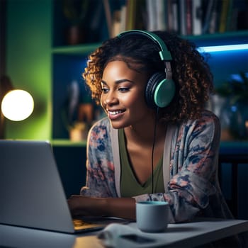 Young beautiful african american woman wearing headphones smiling and communicating using computer at table at home or dorm.