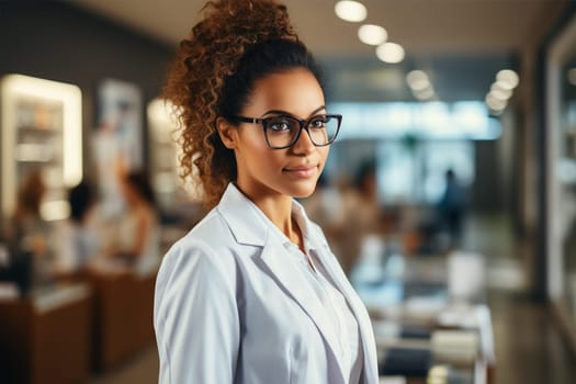 an ophthalmologist against the background of stands in the hall of an optics store with display cases of eyeglass frames.