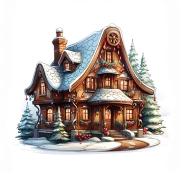 Magical gingerbread Christmas house in the forest. illustration on white background