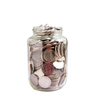 Coins in glass jar isolated on white background with clipping path, Business finance saving money banking investment concept.