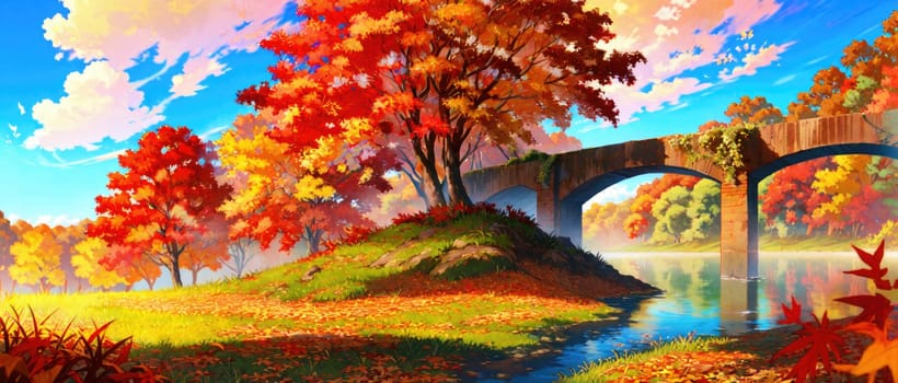 anime style autumn fall river landscape, ai