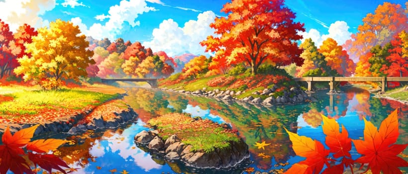 anime style autumn fall river landscape, ai