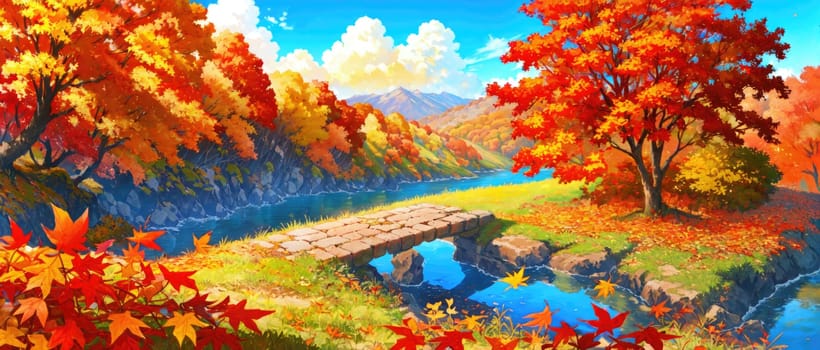anime style autumn fall river landscape, ai