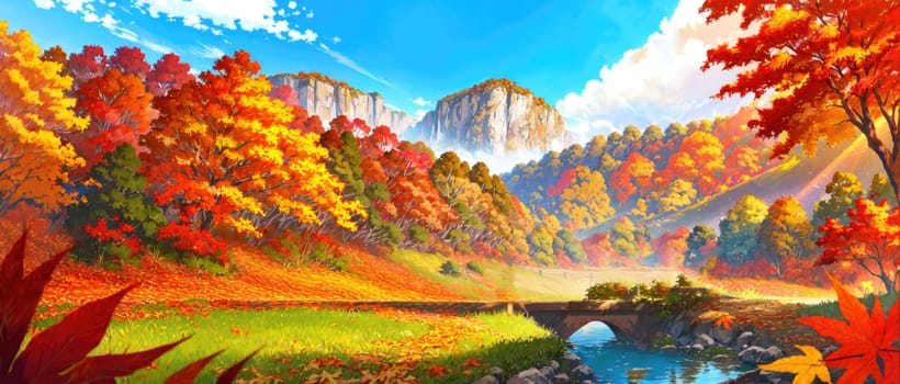 anime style autumn fall river landscape, ai