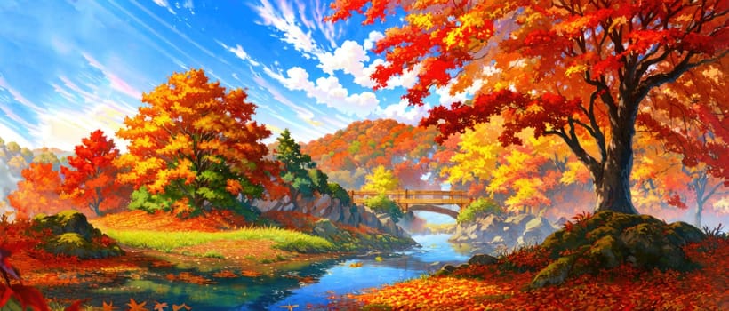 anime style autumn fall river landscape, ai