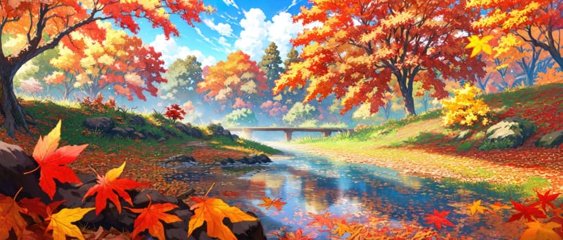 anime style autumn fall river landscape, ai