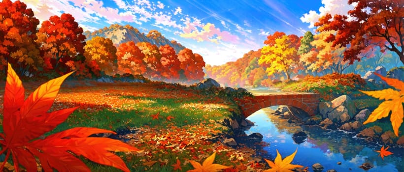 anime style autumn fall river landscape, ai