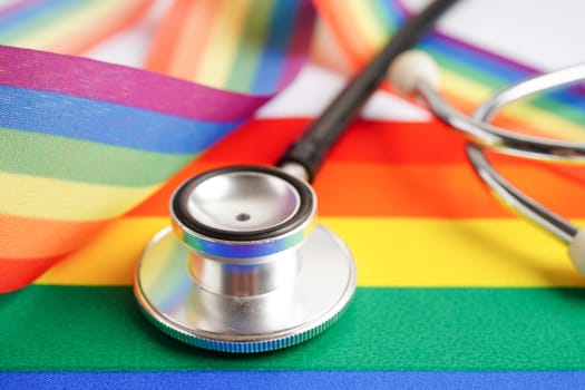 LGBT symbol, Stethoscope with rainbow ribbon, rights and gender equality, LGBT Pride Month in June.