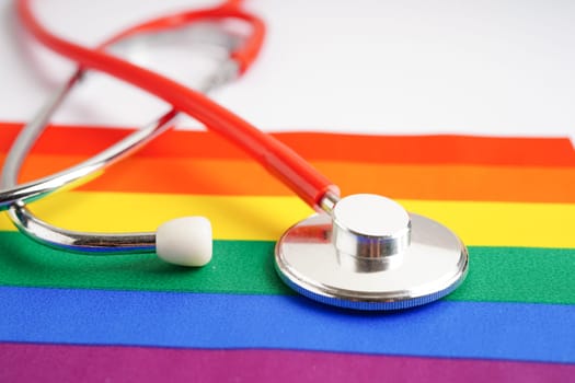 LGBT symbol, Stethoscope with rainbow ribbon, rights and gender equality, LGBT Pride Month in June.