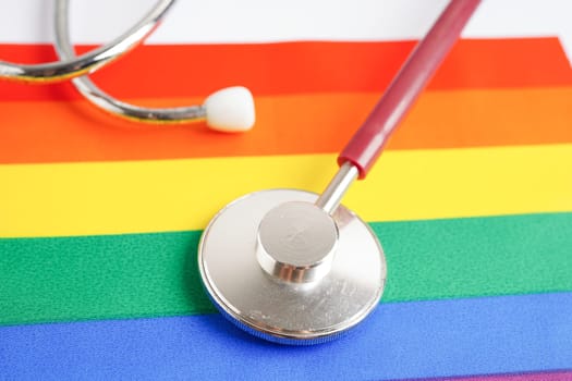 LGBT symbol, Stethoscope with rainbow ribbon, rights and gender equality, LGBT Pride Month in June.