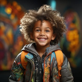 Portrait of a happy black african girl, smiling child face, childhood concept, positive emotion, colorful background